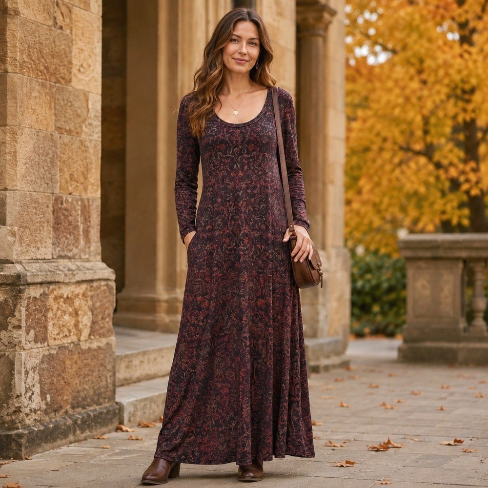 Soft Surroundings Santiago Maxi Dress M Urbina Umber Stretch Pockets Fall Boho